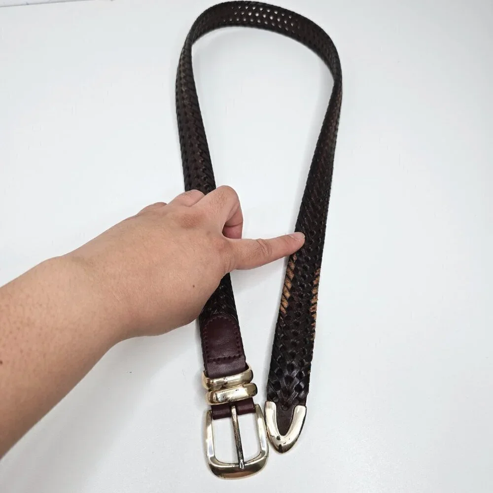 Fossil Vintage Brown Braided Leather Belt Gold Buckle